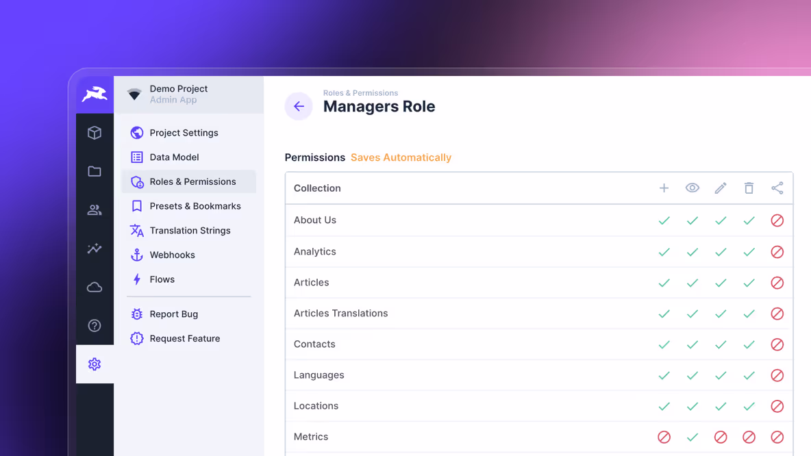 Directus dashboard features